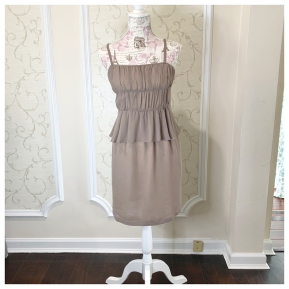 Anthropologie Taupe Tiered Silk Peplum Dress 2 - Picture 3 of 4